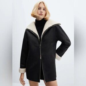 Mango Faux Leather Shearling Zip Coat Black Size Small